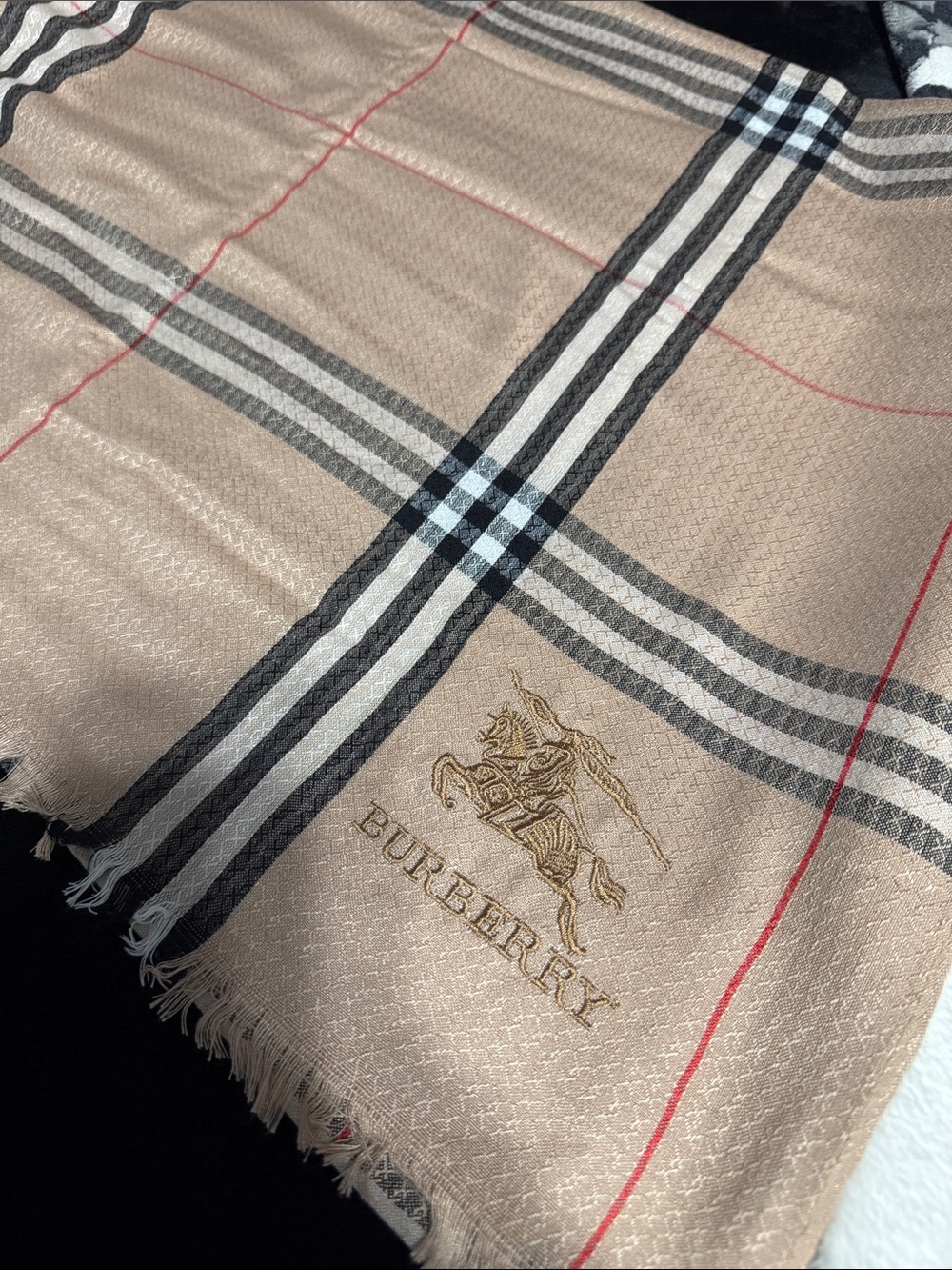 Source Unknown Beige Plaid Scarf with Embroidered Logo